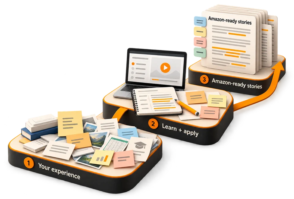 Three ascending steps: a jumble of work memories; learning from the course and applying it to a draft; a finished set of Amazon-ready stories with clear evidence.